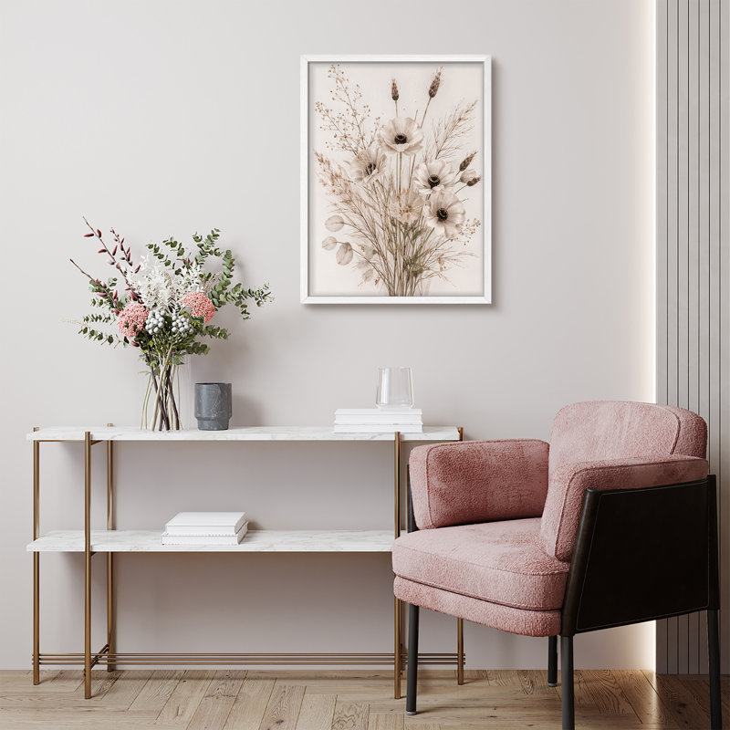 Neutral Botanical Bouquet Framed Wall Art Prints - Beige floral arrangement, for living room, 10" H x 8" W, Blanc