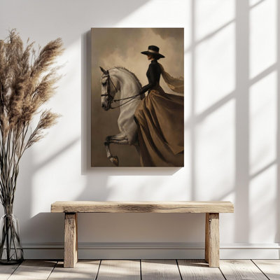 Realistic Elegant Woman on Galloping White Horse Canvas Wall Art - Gallery Wrap Canvas with Solid Wood Inner Frame, Ready to Hang