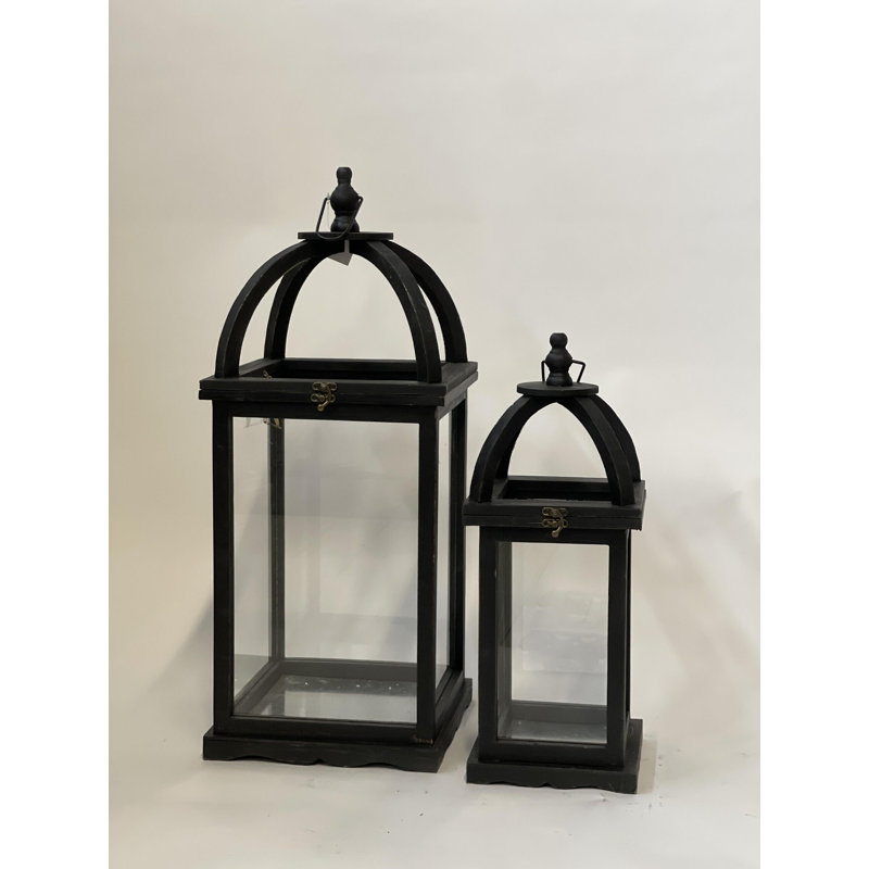 Set Of 2 Vintage Look With Metal Handles Black Frame And Glass Walls Lanterns