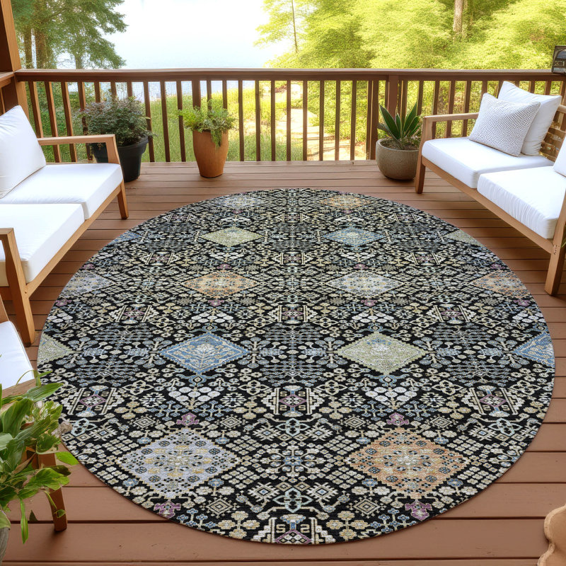 Tapis traditionnel lavable à la machine intérieur / extérieur ACN2440, Noir, Rond 8 pi