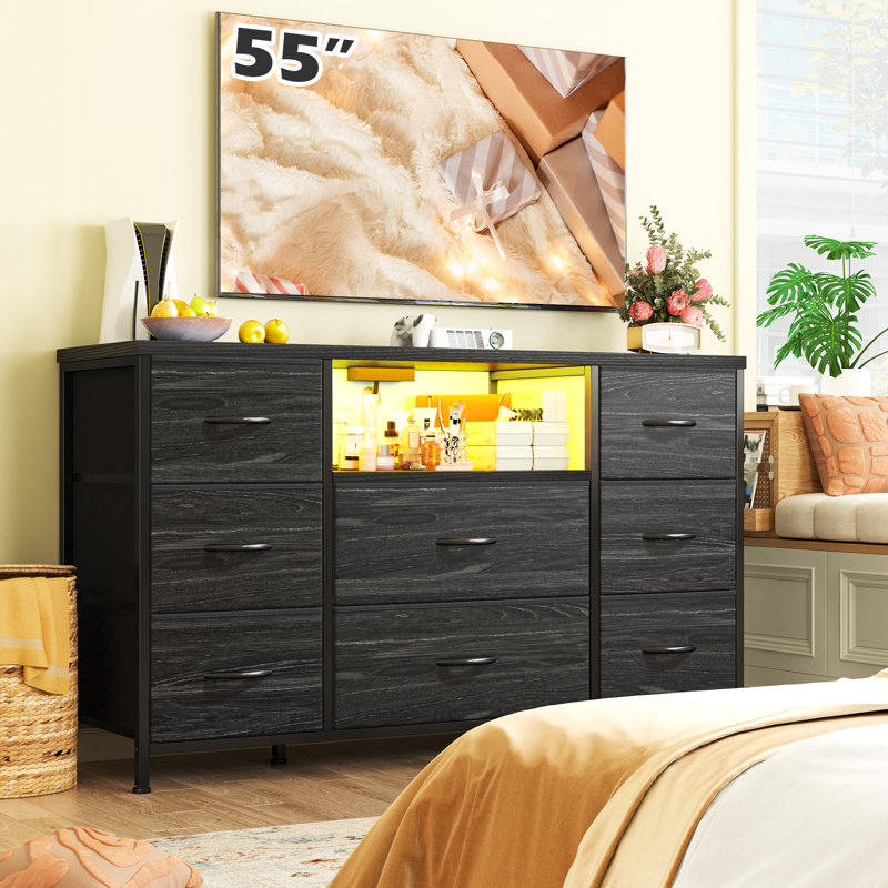 Commode pour chambre à coucher avec lumières à DEL et prises de courant, commodes pour chambre à coucher avec 8 tiroirs, commode télé pour chambre à coucher