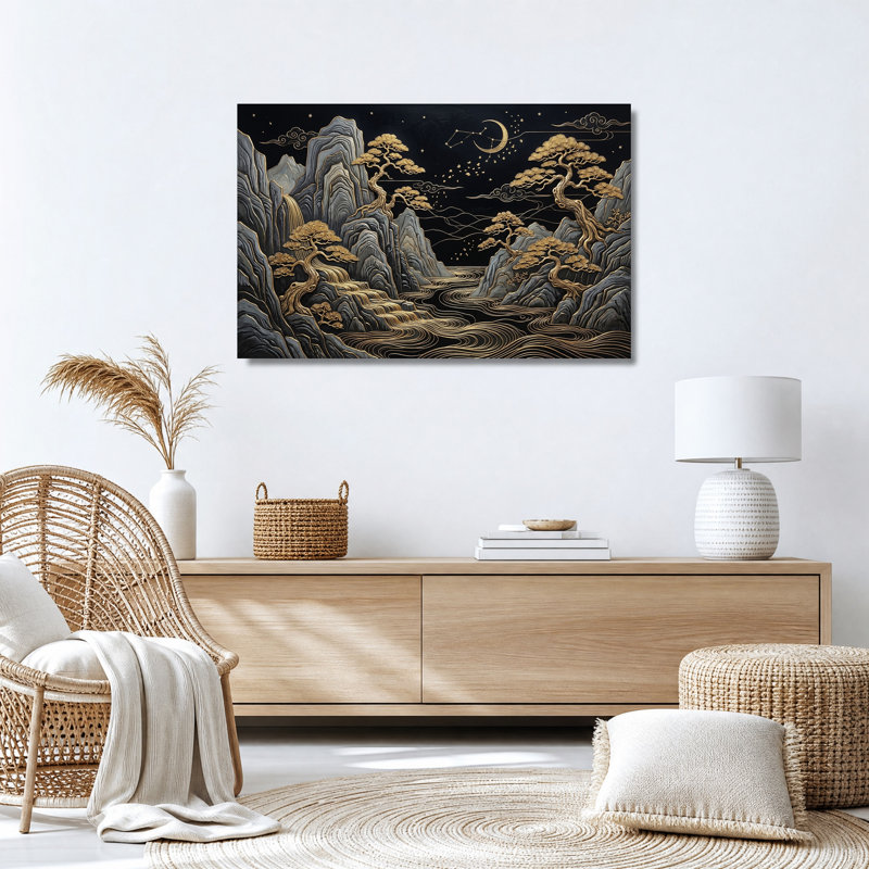 Tableau sur toile représentant des pins dorés et des montagnes sous un croissant de lune, 24"H x 36"W