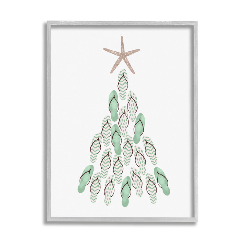 "Flip Flop Beachy Christmas Tree" encadré sur bois par Ziwei Li, impression, H 30 po x l 24 po, Estampe numérique Farmhouse