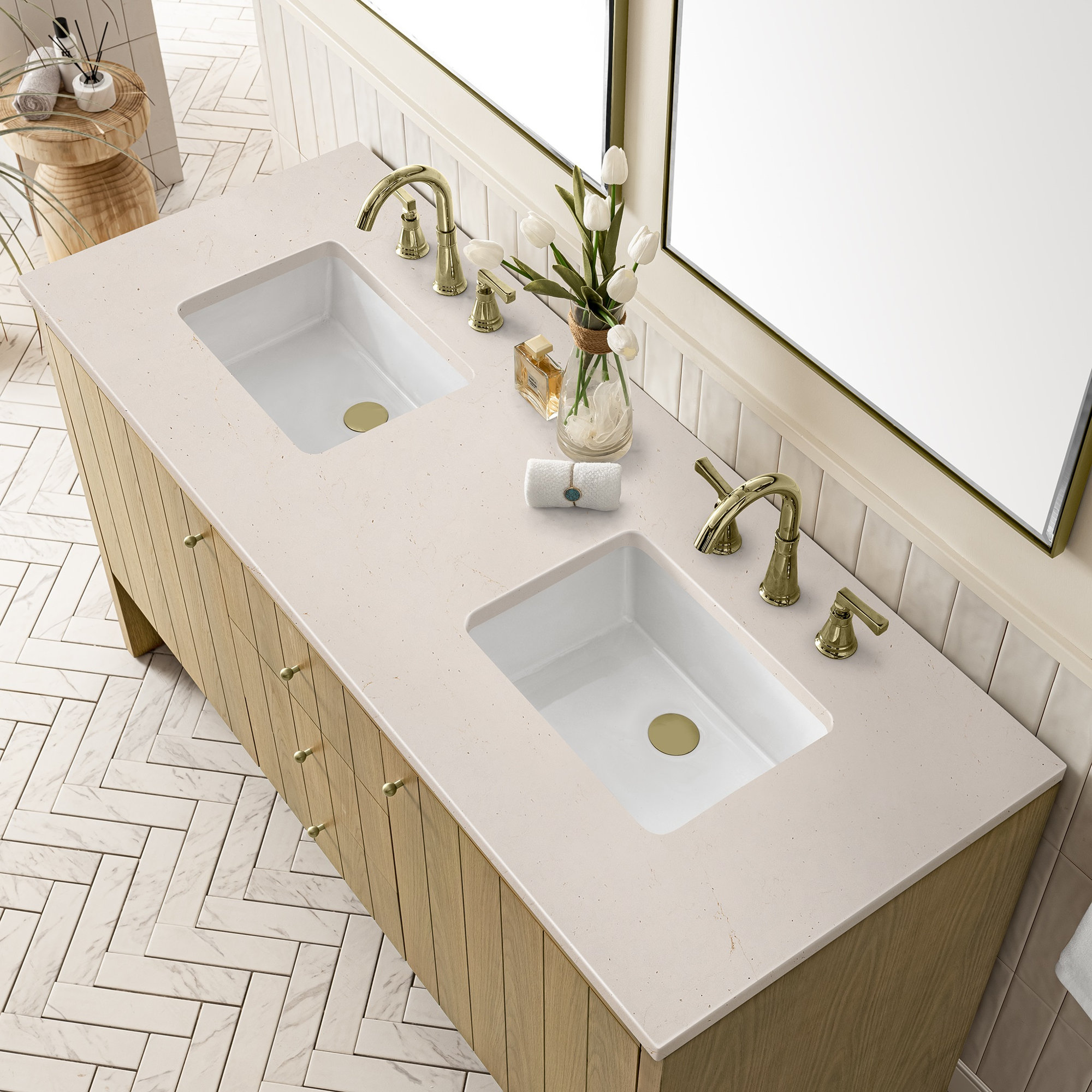Hudson 60'' Double Bathroom Vanity, Eternal Marfil Quartz, 8" Widespread, Light Natural Oak