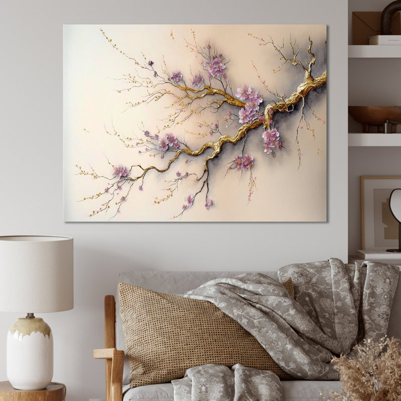 Décoration murale moderne en métal rose et prune cerisier en fleurs V, H 16 po x l 32 po