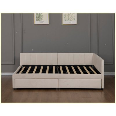 Lit de jour double rembourré en velours avec tiroirs de rangement, cadre de lit en L pour le salon et la chambre d'amis, beige