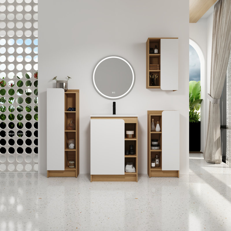  Ensemble de meuble-lavabo 4 pièces en chêne clair avec évier en céramique