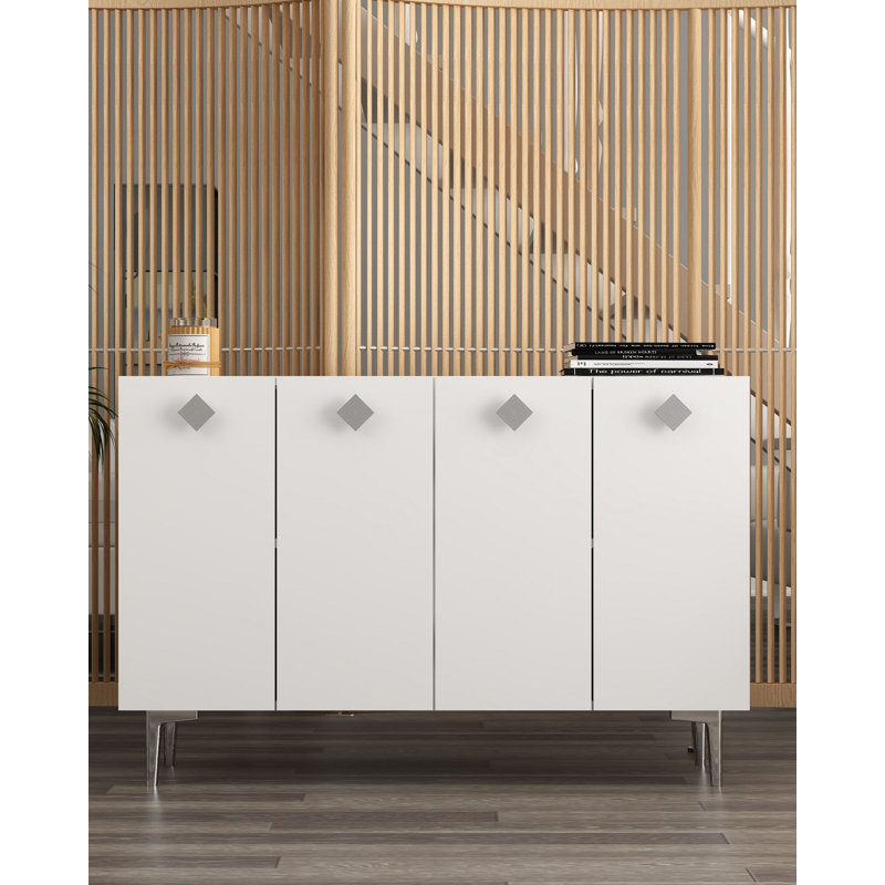 Console moderne blanche avec tablettes, panneau de particules enduit 100% mélamine, épaisseur: 0,7 pouce | Accents argentés muraux élégants pour une décoration contemporaine