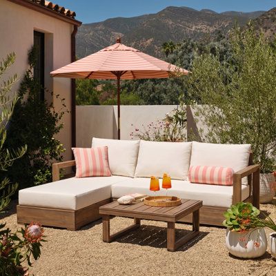 Donnie Outdoor 3-Person Acacia Wood Conversation Set With Chaise & Water-Repellent Cushions