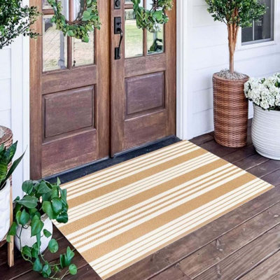 Khaki And White Striped Outdoor Rug 24'' X 51''Outdoor Front Porch Rug Hand-Woven Machine Washable