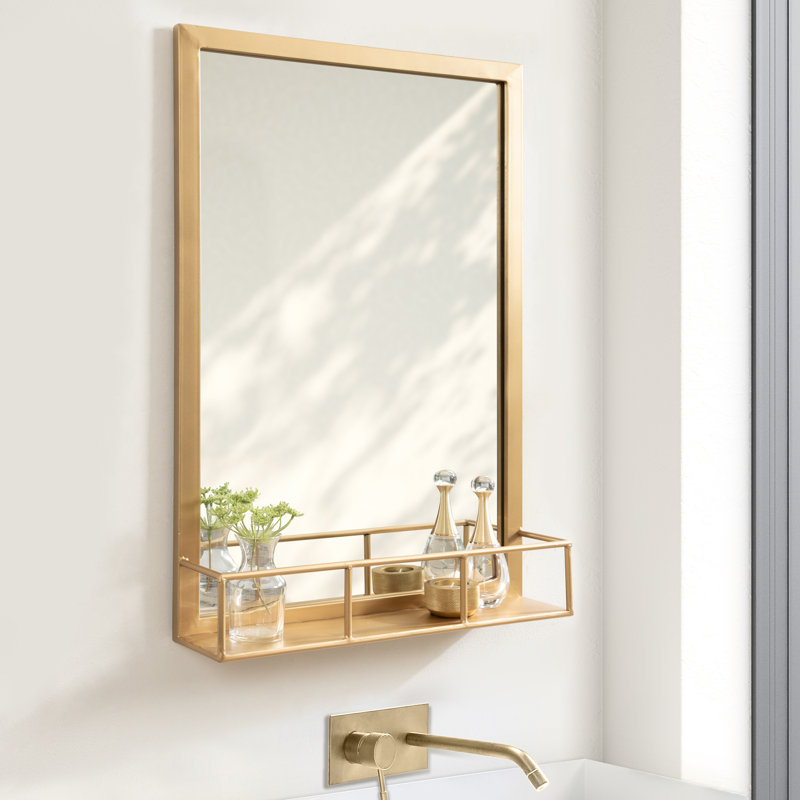 Heider Metal Flat Mirror with Shelves, Gold, 30" H x 20" W