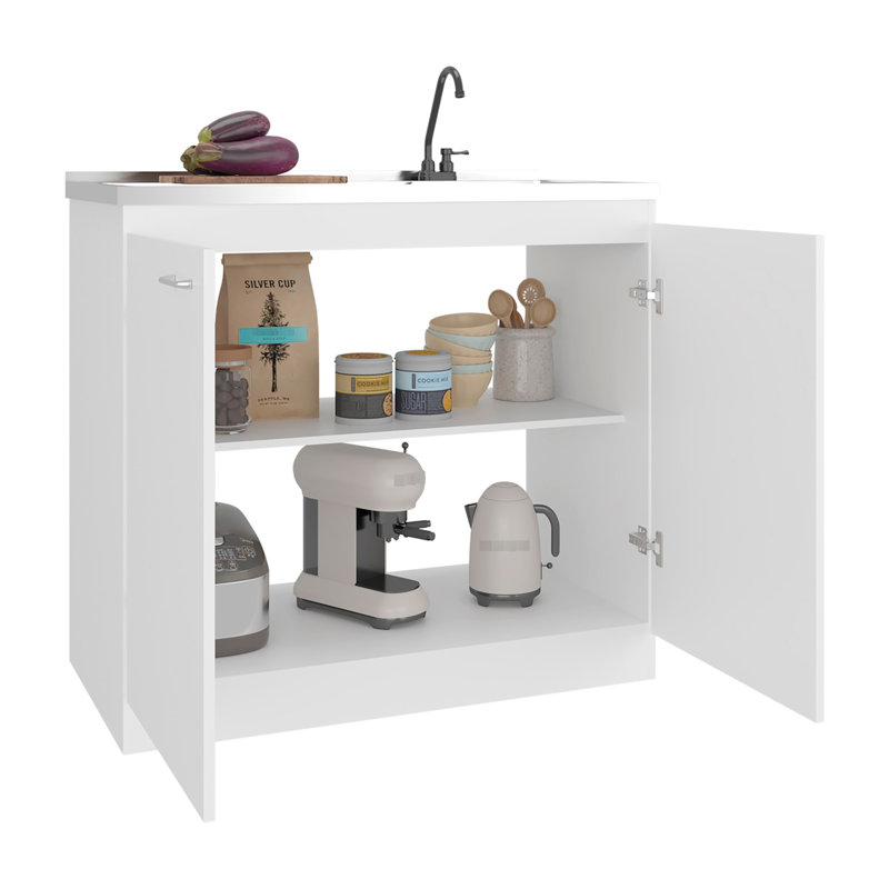 Armoire de cuisine blanche moderne, conception à 2 portes, 3 tablettes, finition neutre pour une armoire élégante avec portes et tablettes, construction simplifiée facile d'entretien
