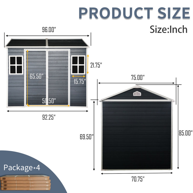8x6ft Outdoor Shed With Two Windows - Resin Waterproof Storage Floor & Lockable Door Patio, Backyard Black Shed, Door, Garden