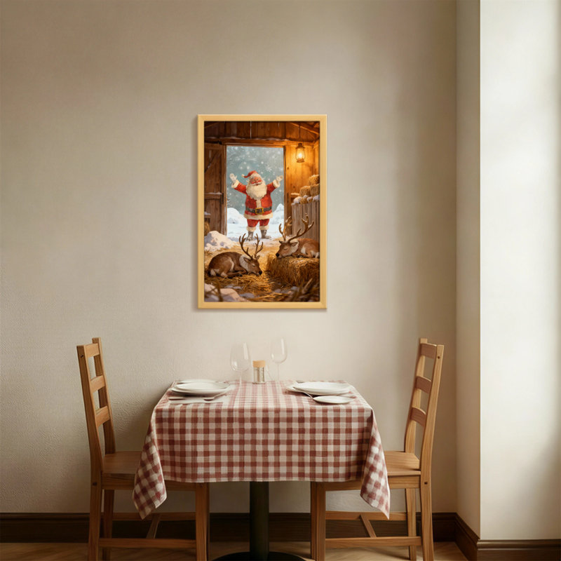 Noël, père Noël, renne, grange, scène hivernale, H 18 po x l 12 po