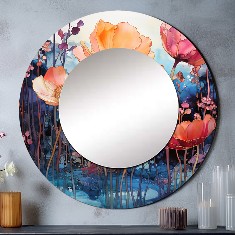 Floral Alcohol Ink Landscape I - Landscapes Decorative Mirror, Modern Large Round Wall Mirror, Printed Metal Art, 29" x 29"