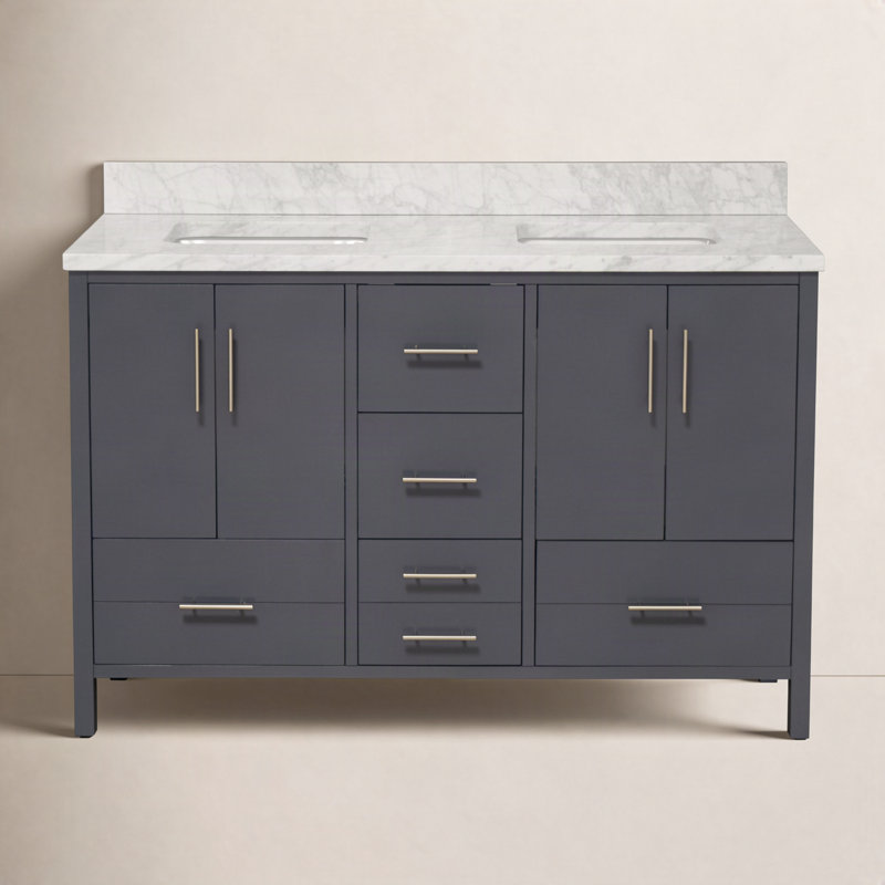 Ensemble de meuble-lavabo double 60 po Kiara, Marbre de Carrare, Gris marine