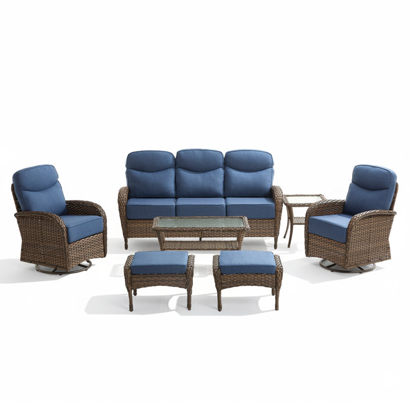 Arbor 7 - Person Outdoor Wicker Furniture Conversation Patio Set With Plush 6" Cushions, All-Weather Comfort, Blue