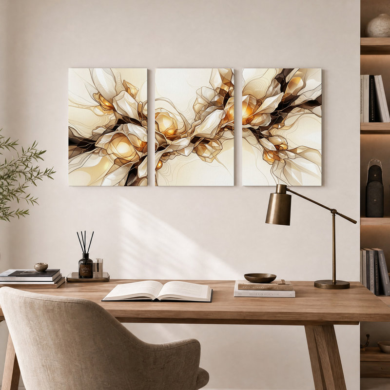 Ensemble de 3 toiles murales abstraites représentant des cristaux géométriques ambrés et crème, 30"H x 20"W x 3pcs