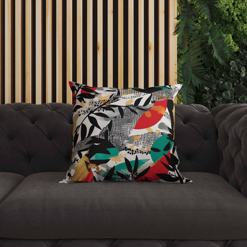 Coussin intérieur / extérieur Leafy Collage, Noir, vert et rouge, Carré 16 po