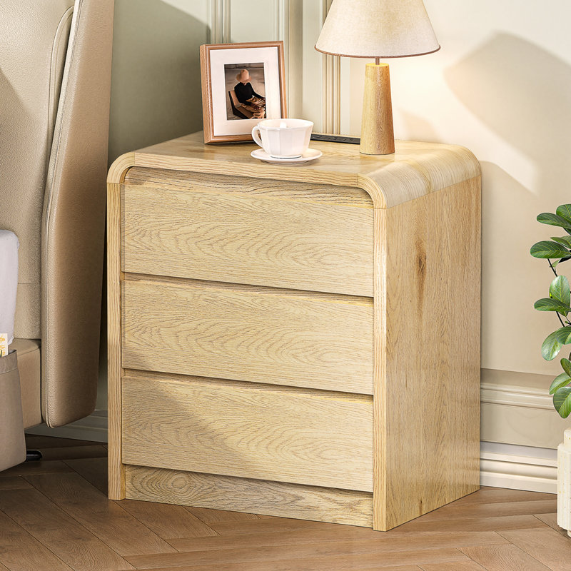 Table de chevet avec station de charge et 3 tiroirs et ports USB, Natural