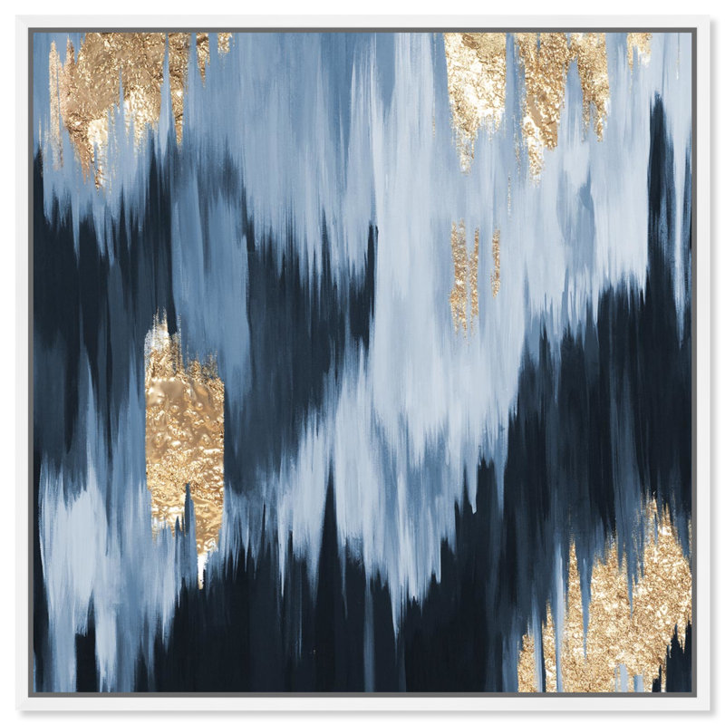 «Gold Blue Fall», peinture sur toile à cadre flottant, Toile avec cadre blanc, H 30 po x l 30 po