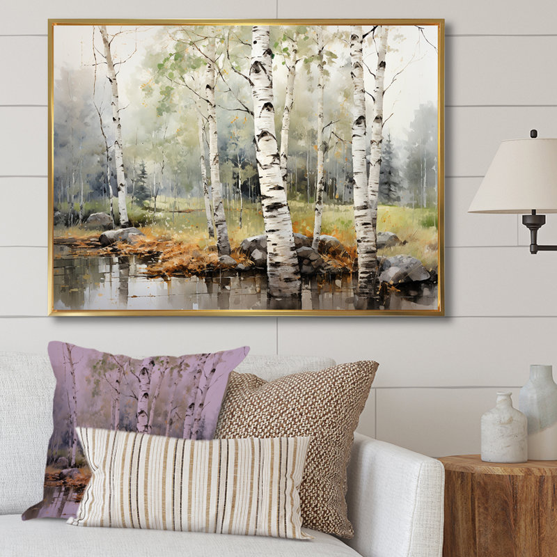 «Green Birch Wood Beauty I - Tree Birch», reproduction sur toile encadrée, H 34 po x l 44 po x P 1,5 po, Cadre flottant doré