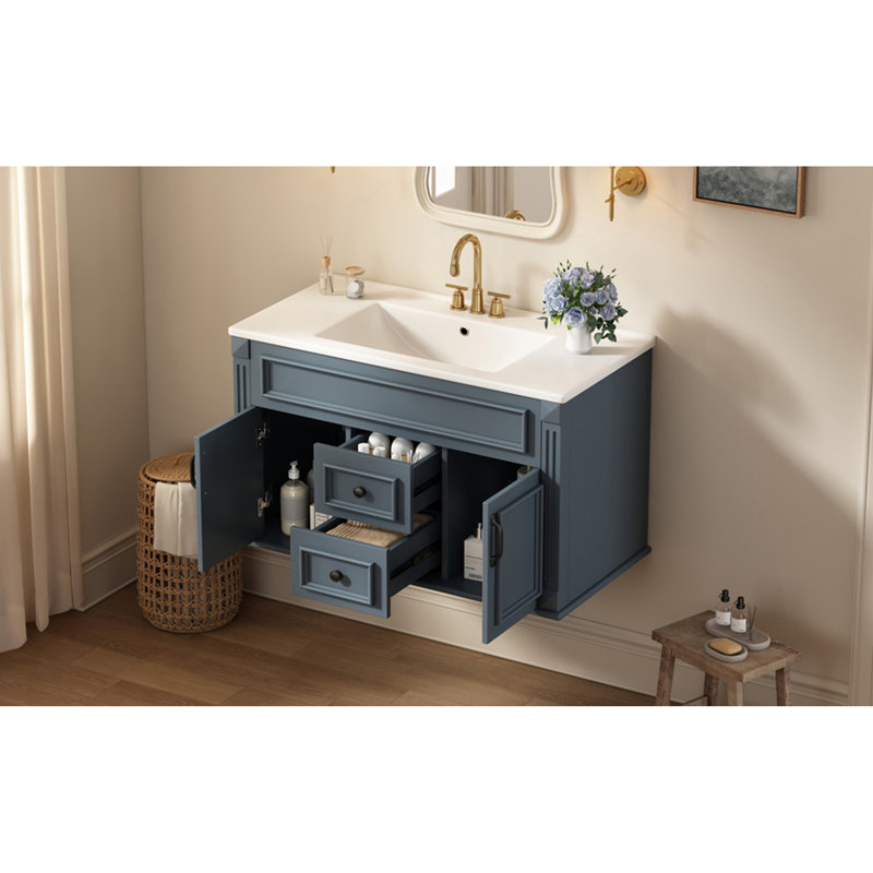 Meuble-lavabo mural 36 po avec lavabo et tiroirs en céramique, meuble-lavabo simple de style français avec charnières à fermeture douce
