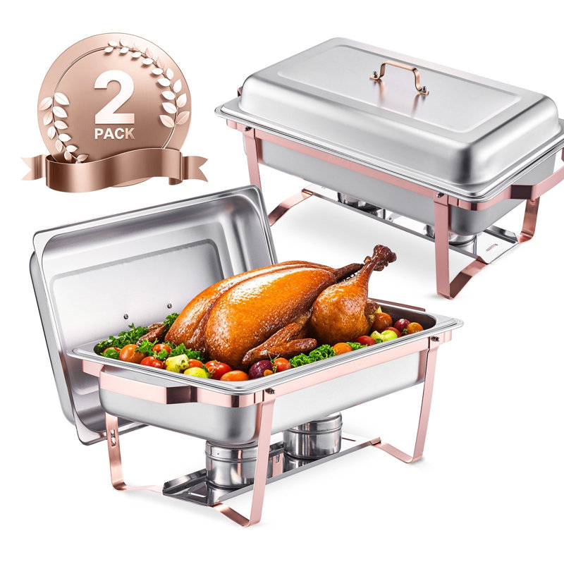 Ensemble de buffet à vaisselle Chafing, paquet de 8 pte, 2 pièces en acier inoxydable avec 2 casseroles pleine grandeur, desserte rectangulaire pour service de traiteur avec couvercle, support pour réservoir de carburant, or rose
