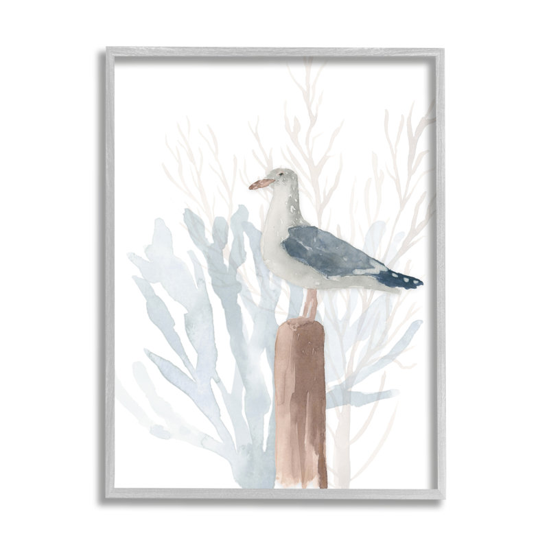 Mouette de plage détendue nautique bleu mer corail, Estampe numérique Farmhouse, H 20 po x l 16 po x P 1,5 po