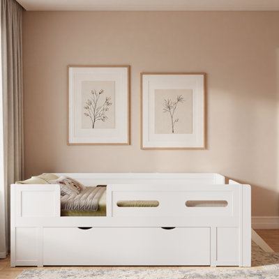 Wood Platform Bed With Guardrail And Drawer