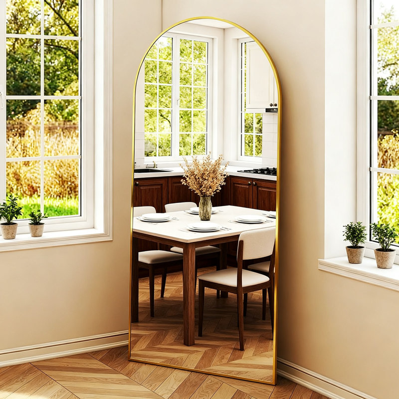 Arched Full Length Floor Mirror, 56"X21", Free-Standing Or Wall-Mounted With Aluminum Alloy Frame For Bedroom, Living Room (Gold)