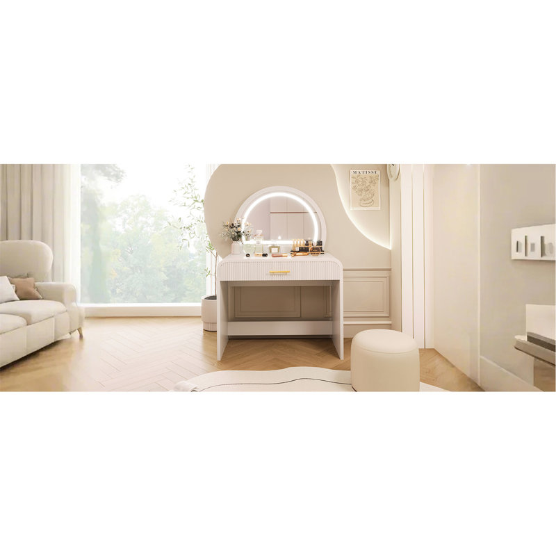 Meuble-lavabo blanc de 39 po avec miroir et tiroir pour la chambre à coucher. Bords courbés et attrait visuel. Vaste espace de rangement pour les produits de beauté. Matériau confortable. Assemblage rapide