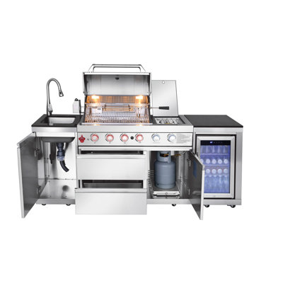 Outdoor Kitchen Island 85.2 Inch With 4+1 Burner Propane Gas Bbq Grill - 71500 Btu 304 Stainless Steel Silver - Csa Etl Certified With Sink Refrigerator & Bar Table