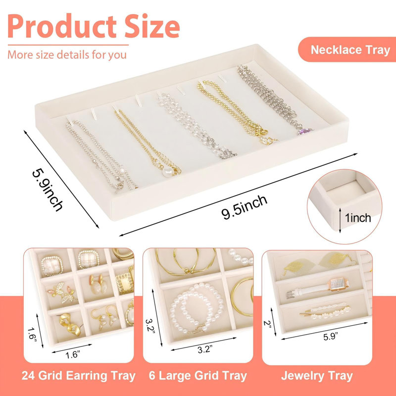 Stackable Jewellery Trays Organizer For Drawer, 4 Set Of Jewellery Organizers And Display Case Storage, Velvet Drawer Inserts Organizer,Beige