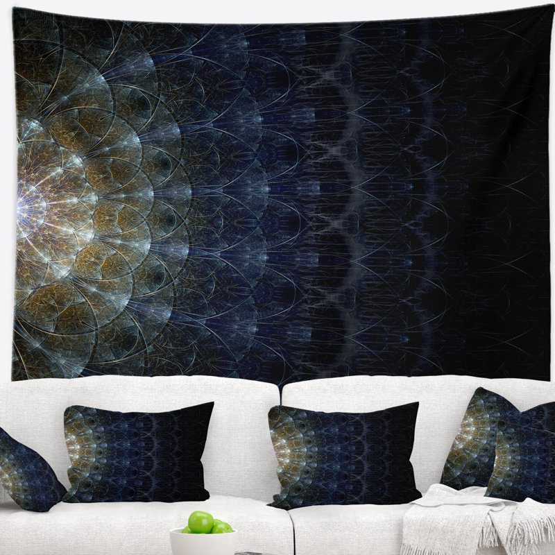 Résumé symétrique bleu argent fractale fleur tapisserie, H 32 po x l 39 po