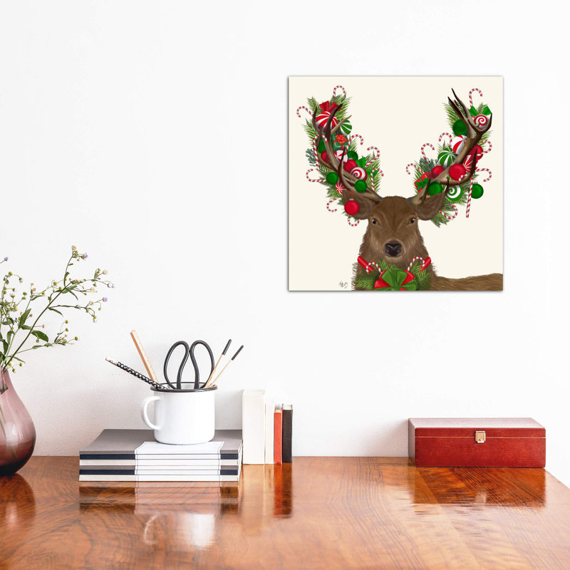 Deer, Candy Cane Wreath by Fab Funky - Painting on Canvas, Wrapped Canvas, 93.98 cm H x 93.98 cm W x 1.91 cm D