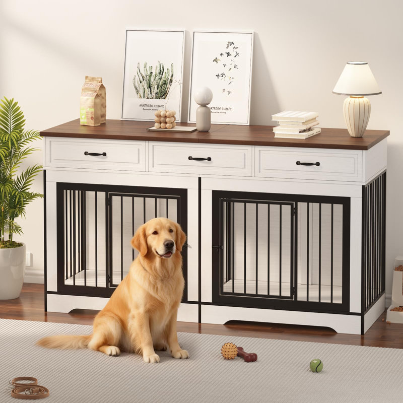 Mobilier de cage pour chien pour 2 chiens, cage double robuste pour chien avec 3 tiroirs, Brun