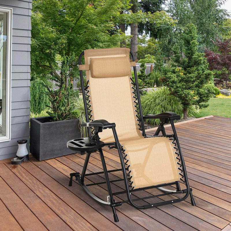 Outdoor Rocking Chairs,Foldable Reclining Zero Gravity Lounge Rocker w/ Pillow,Cup & Phone Holder,Combo Design w/ Folding Legs