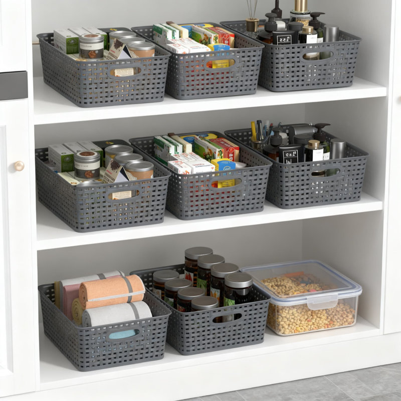 Collapsible Storage Baskets With Handles, Space-Saving Nesting Design, Breathable Woven Look For Home Organization In Kitchen, Bathroom, And Office