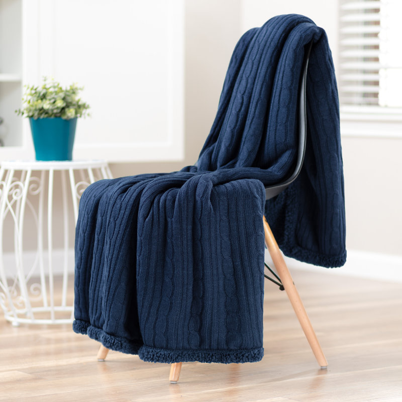 Navy Blue Cable Knit and Sherpa Reversible Throw Blanket 50" x 65"