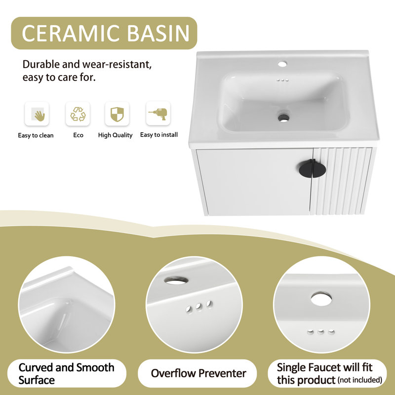 Meuble-lavabo mural simple 28 po avec 2 portes et plateau en céramique blanc Yarny (non assemblé)