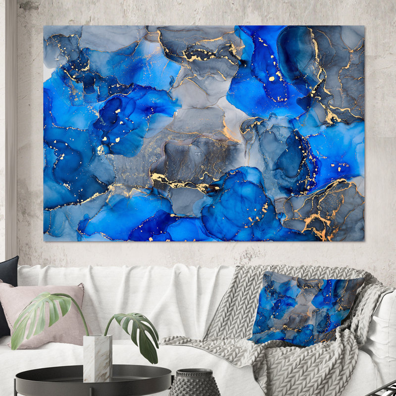 Bleu et gris luxueux abstrait fluide V - peinture sur toile, H 12 po x l 20 po x P 1 po, Cadre doré