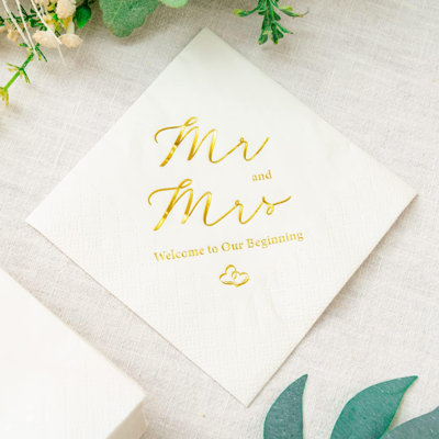 100 Count 3-Ply Gold Foil Mr and Mrs Wedding Disposable Cocktail Napkins