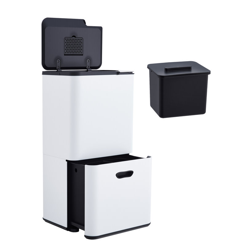Poubelle double 16 gallons avec 2 compartiments (33l + 28l) et seau intérieur amovible Cuisine, salon, Blanc