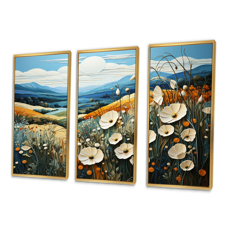 «Cool And Calming Flower Blooming Fields IV», ensemble de reproductions d'art mural, Cadre flottant doré