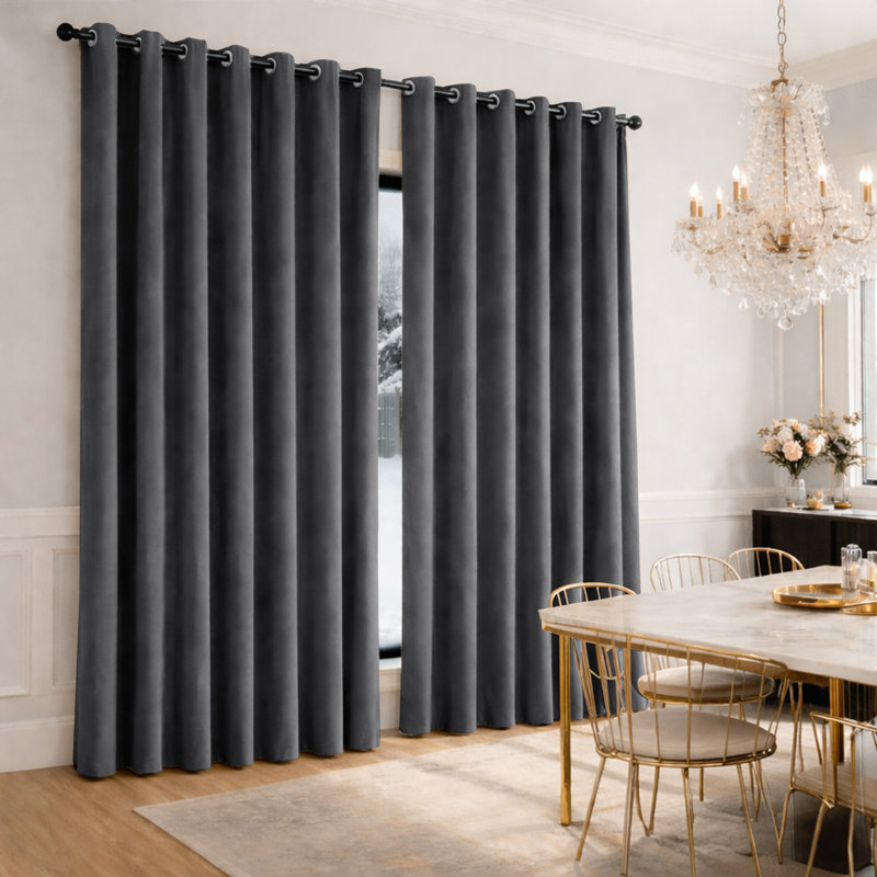 Heavy Velvet Eyelet Ready Made Thermal Drapes & Curtains, Charcoal, 228cm Width x 228cm Drop