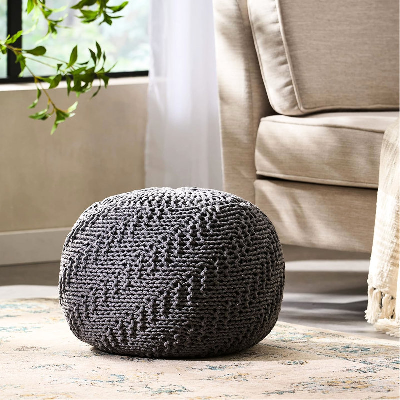 Dark Grey Handmade Knitted Pouf With Pet Covering - 20" X 14 Modern Knit Weave 20 Inch Charming