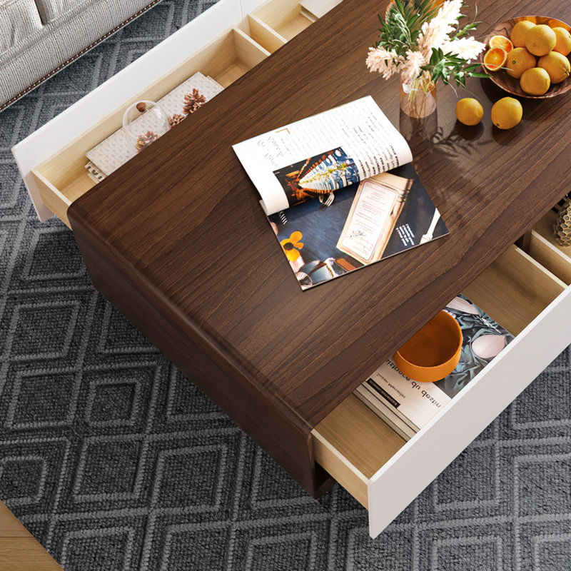 Table basse moderne moderne en bois avec rangement, 4 tiroirs en bois massif, entièrement assemblée