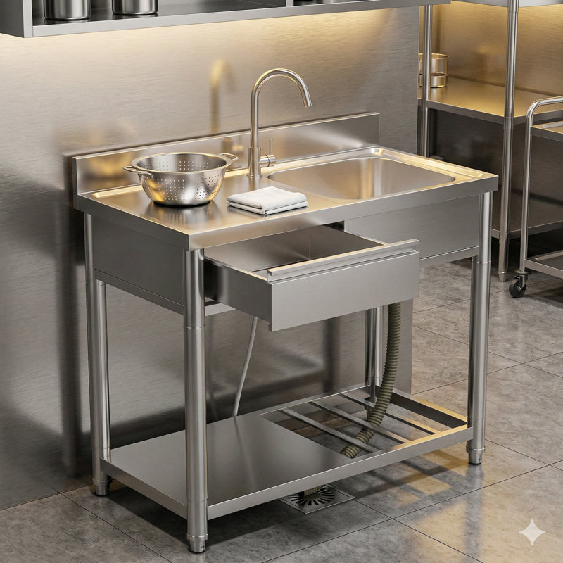 Fabrication en acier inoxydable de qualité 304 pour un évier utilitaire extérieur, comprenant une surface de travail et une tablette de rangement intégrée. Cette table de préparation autonome comprend un tiroir positionné sur le côté gauche