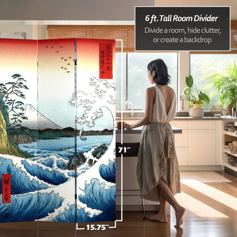 71" x 47.25" Double Sided Hiroshige 3 Panel Room Divider, Teahouse